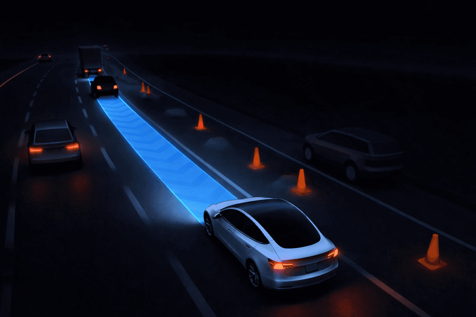 Noční Las Vegas a Tesla s FSD